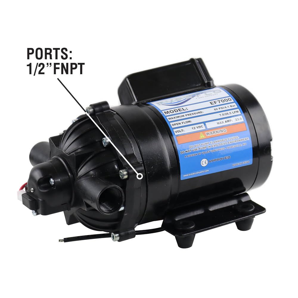Everflo EF7000-BOX 7.0 GPM 12V Diaphragm Pump-1/2 FNPT Ports, Black