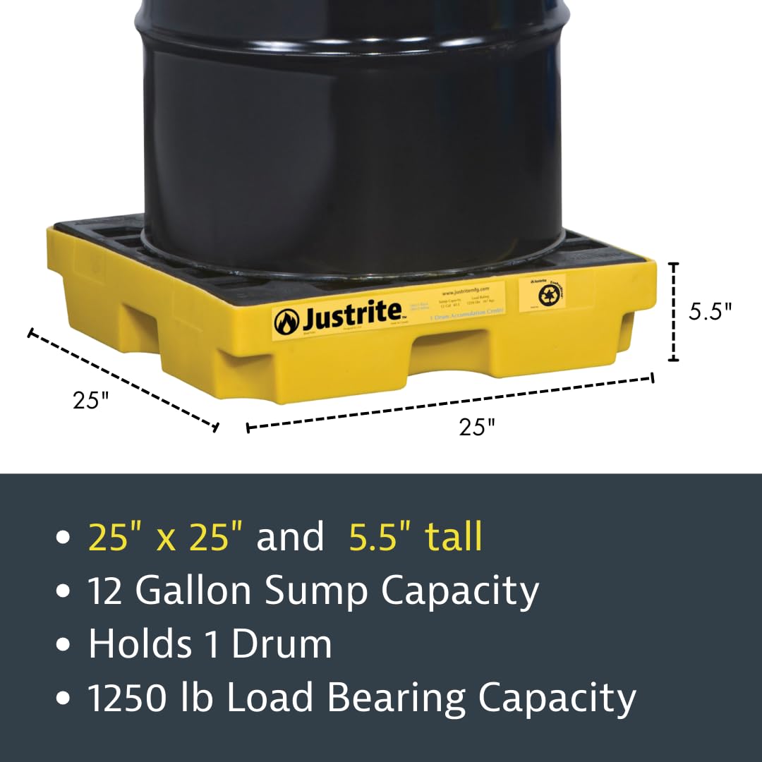 Justrite Low Profile 1 Drum Spill Containment Pallet Accumulation Center - 5.5" Tall - 12 Gal Capacity for 55 Gallon Drum Containment - Made in The USA from 30% Recycled Polyethylene - Yellow - 28652