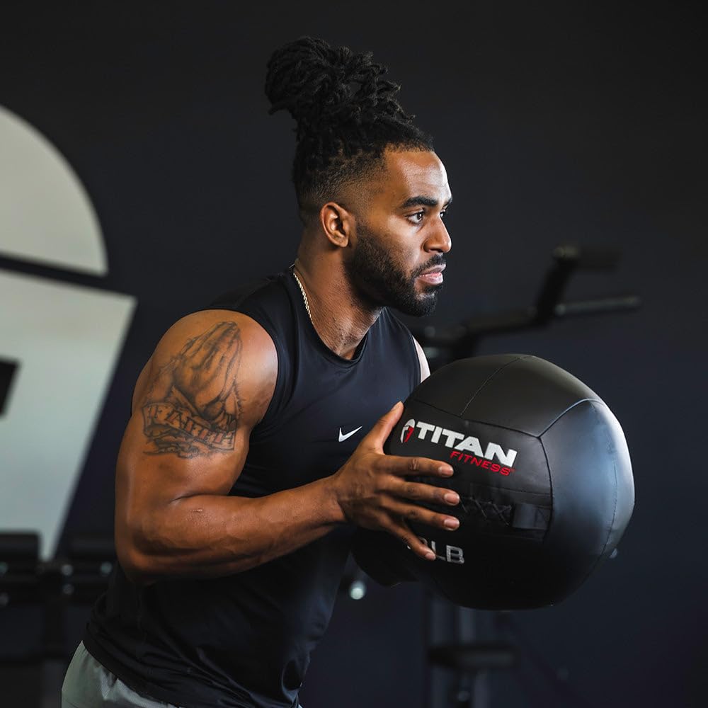 Titan Fitness 6 LB - 14 LB Set Soft Shell Medicine Wall Balls with Poly-Composite Laminate Cross Texture Non-Slip Grip for Throwing, Core Strength, Floor Exercises, Stretching