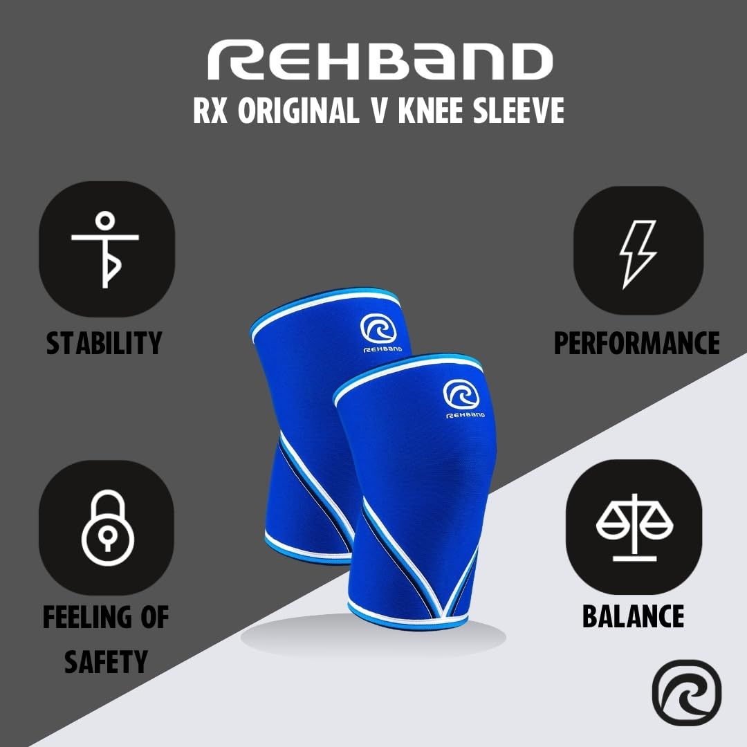 Rehband 7051 Classic 7mm V-Knee-Sleeve for Weightlifting, Competition Grade Powerlifting Knee Sleeve, Compression Sleeve for Crossfit, Squats, Gym, Colour:Blue - 1 Pair, Size:Small