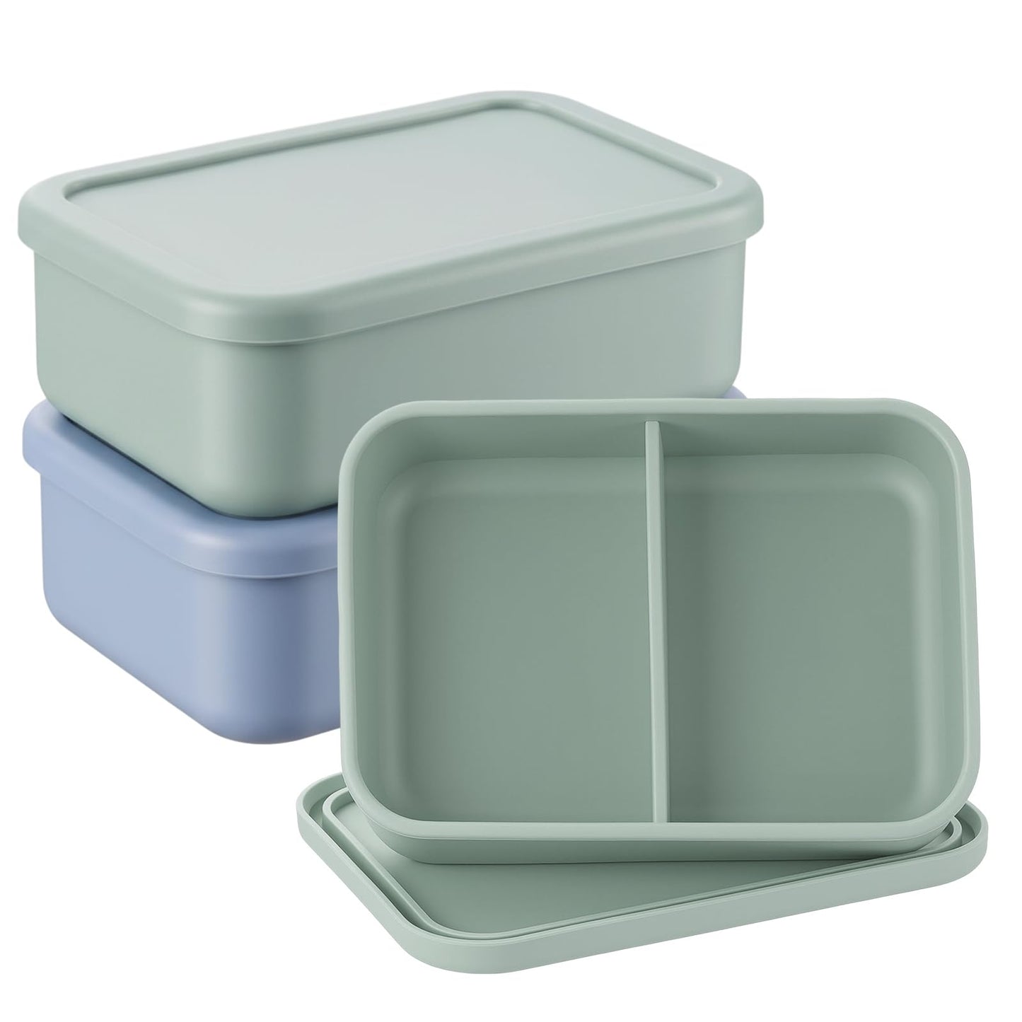 Layhit 2 Pcs Silicone Bento Box for Adults, 27 oz Bento Lunch Container Reusable 2 Compartment Lunchable Food Container for Women Men, Leak Proof Microwave Dishwasher Freezer Safe (Gray Blue,Green)