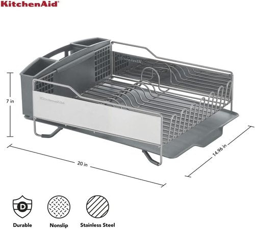KitchenAid Dish Rack - Large Capacity, Rust Resistant with Angled Drain Board & Removable Caddy | Light Grey