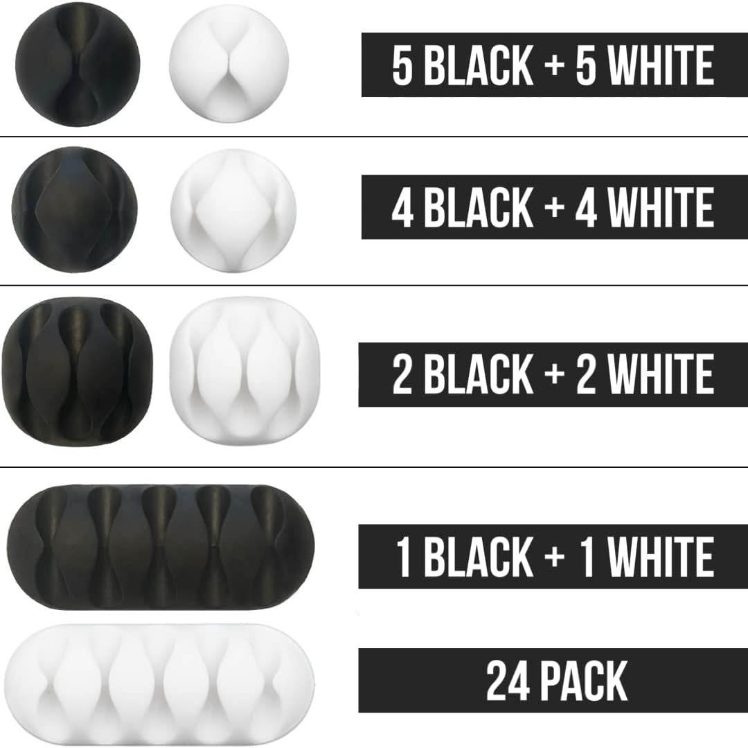 JTek 24 Pack, Cord Organizer, Adhesive Cable Holder, Black and White | Cable Organizer, Cord Holder, Desk Organizers