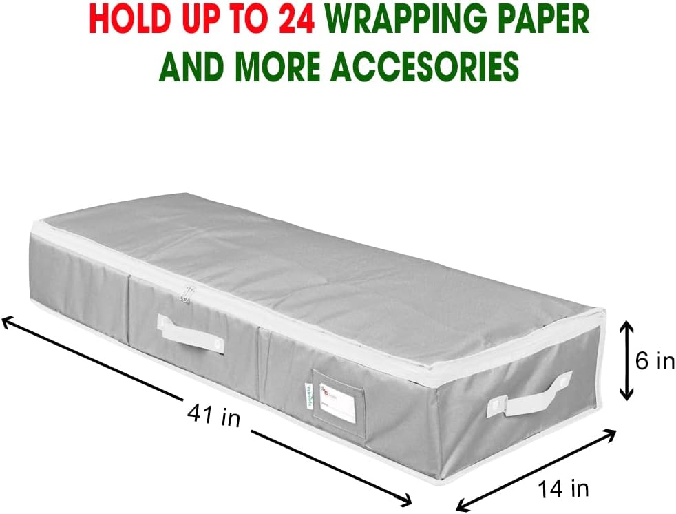 Primode Wrapping Paper Storage Container - Gift Wrap Organizer Under Bed | Holds 18-24 Rolls Up to 40” | Durable 600D Oxford Material | Pockets for Ribbons & Bows (Grey)