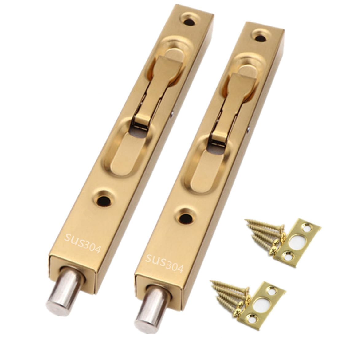 szhdxsy 2-Pack Hidden Latch & Bolt 304 Stainless Steel 6 inch(15cm) Security Door Bolt Latch, Double Door Lever Action Flush Bolt Latch, French Door Slide Bolt Lock,Golden