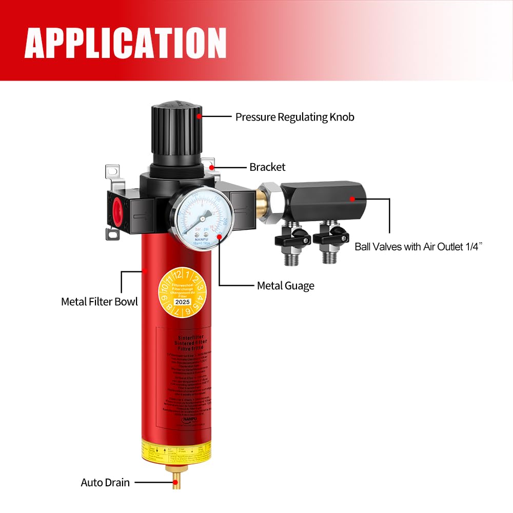 NANPU Z Series Air Filter – Sintered Filter, 3/4" NPT Inlet, 1/4" NPT Outlet Module, 0-230 psi Gauge, 127 CFM @ 6 bar, Metal Housing, Auto Drain (Z106-D)