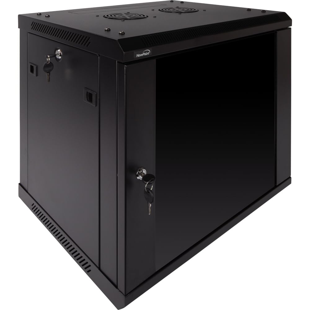 NavePoint 9U Server Rack Enclosure - 17.7” Deep, Wall Mount Network Cabinet with Locking Glass Door for 19” IT Equipment, Network Rack with 2 Fans, Removable Side Panels, Black