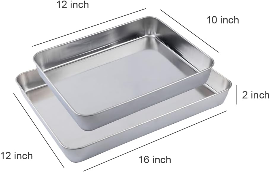 Stainless Steel Deep Baking Pan Set by [Brand Name] - 2-Pack (12" & 16") | Non-Toxic, Heavy Duty Bakeware