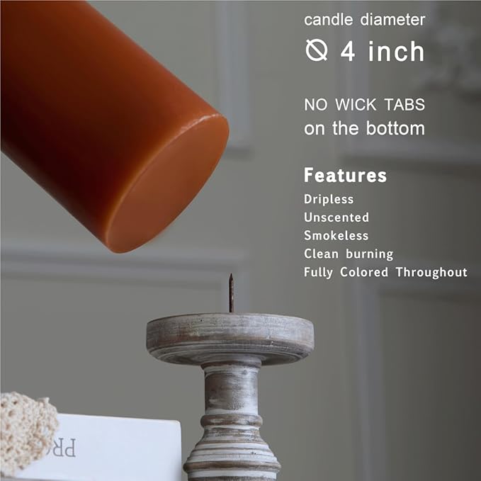 MOZEAL 4" x 10" Extra-Large Burnt Orange Pillar Candles (Set of 2), Unscented, Dripless, Smokeless, Long Clean-Burning, Tall 10 inch Large Burnt Orange Pillar Candles for Fall and Thanksgiving Decor