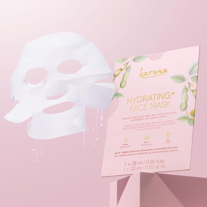 Karuna - Hydrating+ Facial Mask for Well-Moisturized & Hydrated Skin, Glow-Enhancing Facial Skin Care Products, Hydrating Face Masks with Natto, Niacinamide & Sodium Lactate, 1 Pack