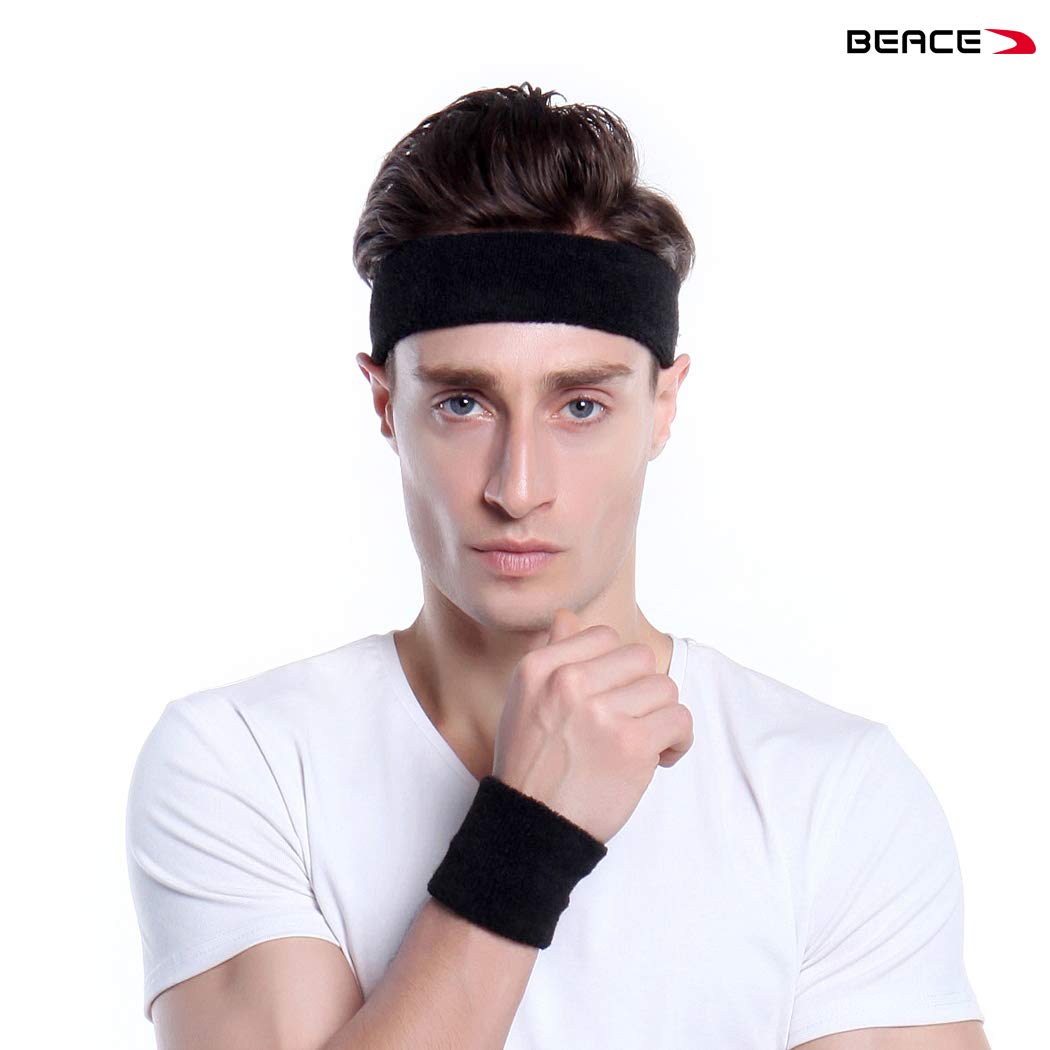 BEACE Sweatbands Sports Headband for Men & Women - 6PCS Moisture Wicking Athletic Cotton Terry Cloth Sweatband for Tennis, Basketball, Running, Gym, Working Out Bl/Wh/Gr/Ma/DP/LT