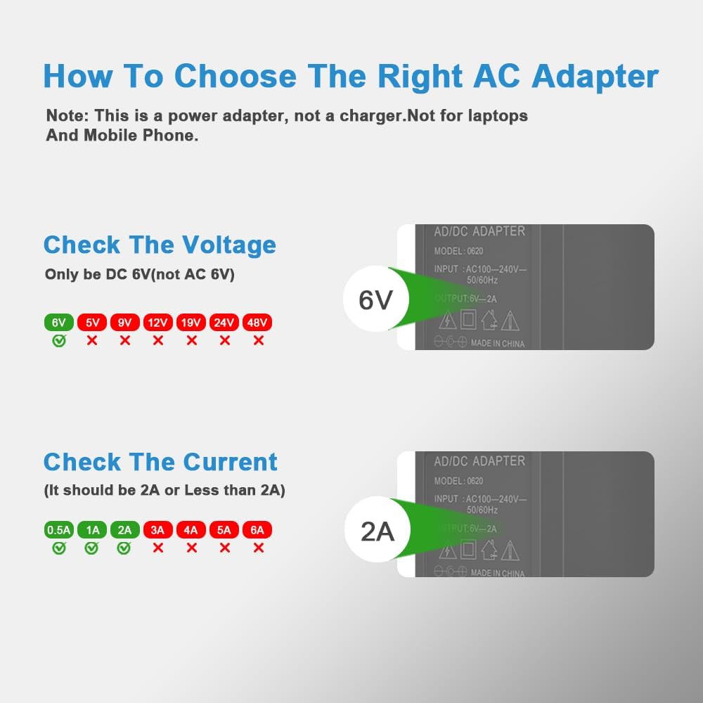 ZYHKJYL 6V 2A 6V 2A 1.8A 1.5A 1A 0.5A 8 3.2ft DC/AC Power Supply Adapter Universal Power Adaptor with DC Tips for Baby