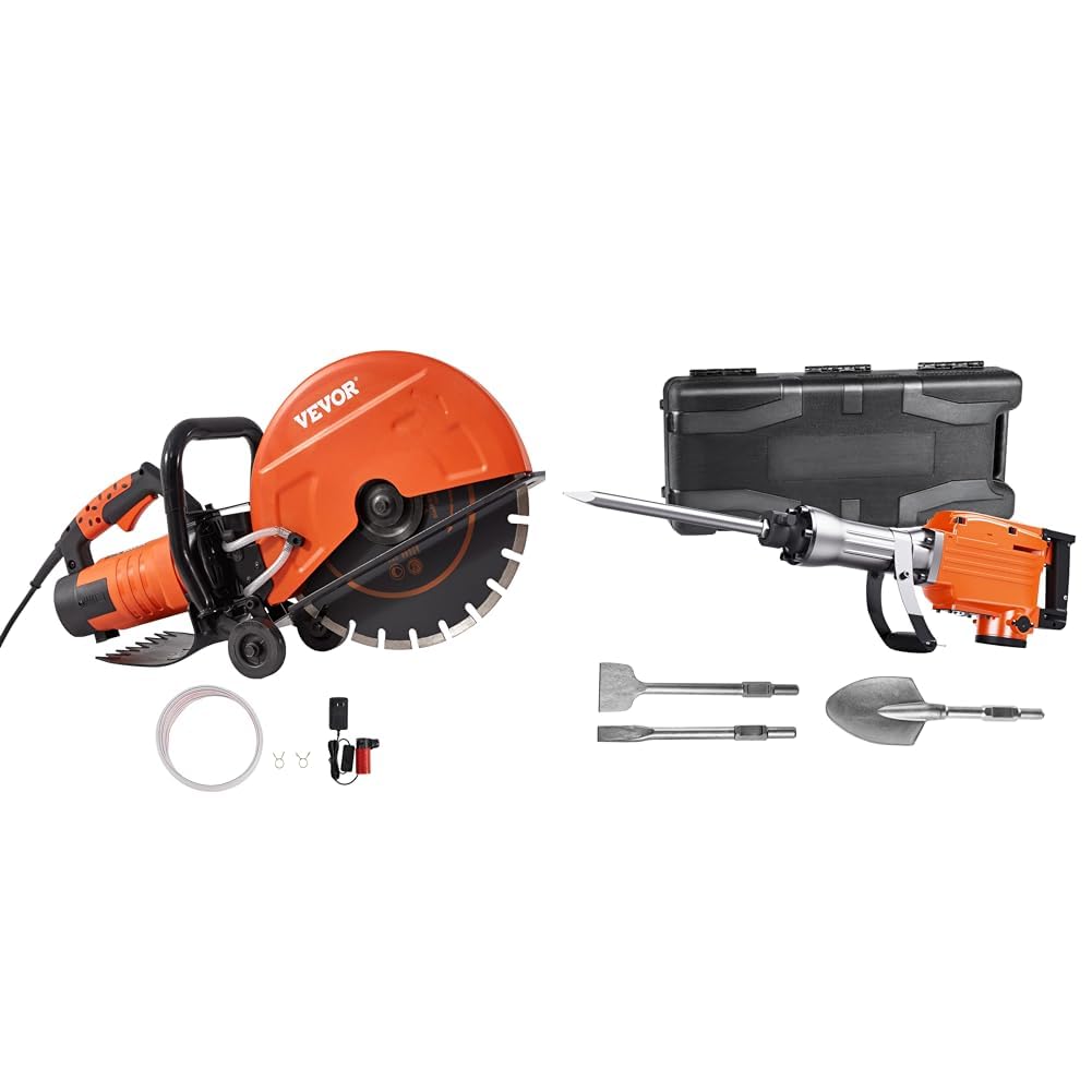 VEVOR Electric Concrete Saw, 14 in Circular Saw Cutter with 5 in Cutting Depth, Wet/Dry Disk & Demolition Jack Hammer, 2200W Electric Jackhammer Heavy Duty, 1350 BPM Concrete Breaker 4pcs