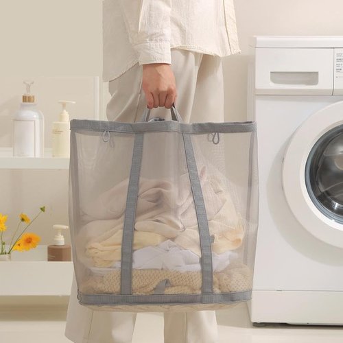 Mesh Bag with Handles, Collapsible Laundry Basket, Foldable Laundry Bag, Breathable Folding Beach Bag,Space-saving Travel Tote Bags (1, Grey)