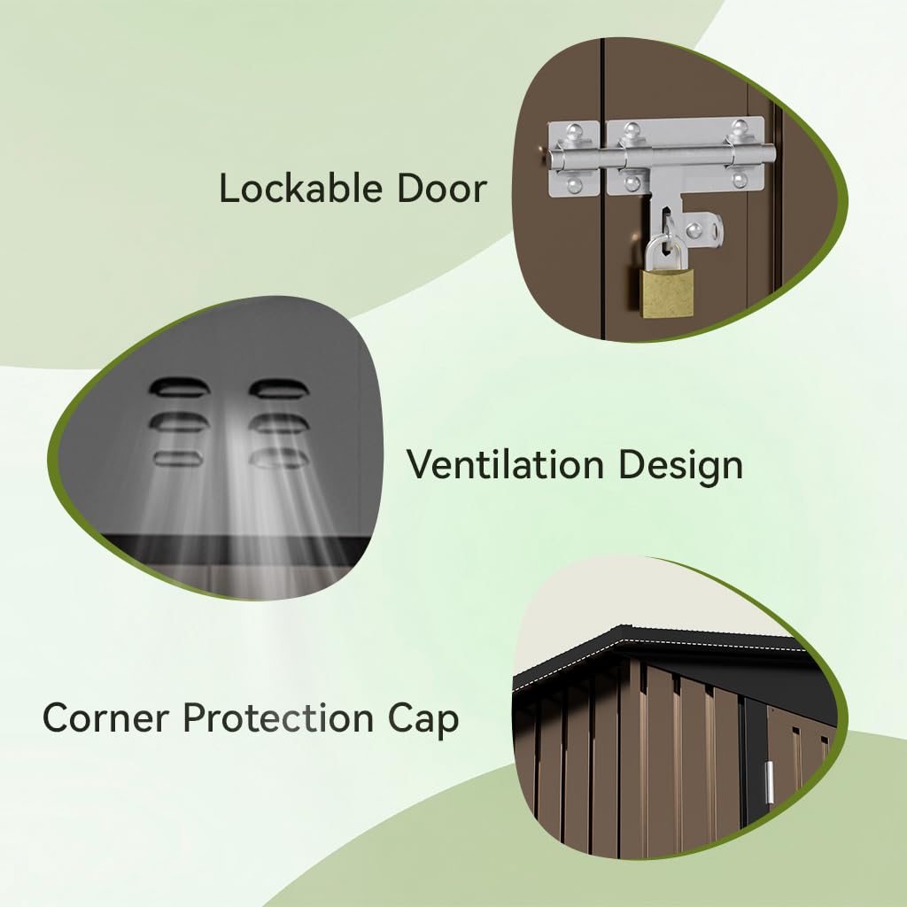 COMHOMA Shed Outdoor Storage Shed Metal,Lockable Doors Tool Sheds with Sloping Roof,Steel Garden Shed with Air Vent for Backyard,Patio,Lawn,Poolside(Brown,8'x6')