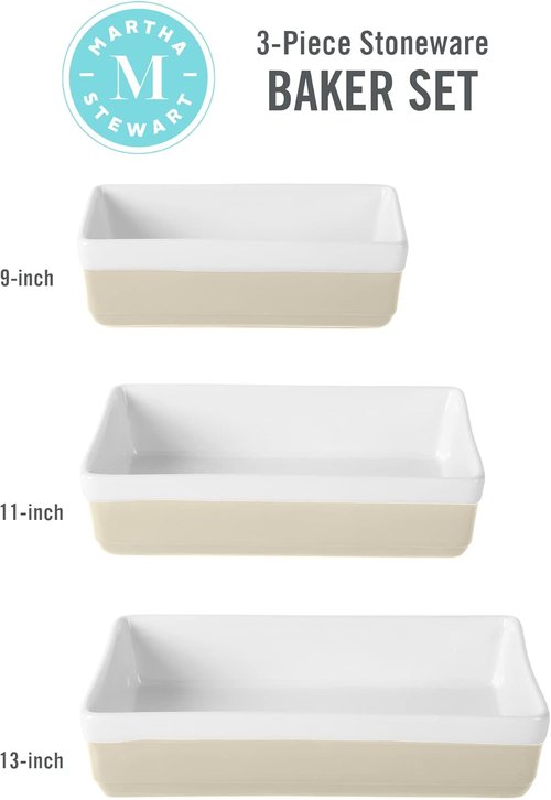 Martha Stewart 3-Piece Stoneware Bakeware Set - Durable Oven-Safe Baking Dishes in Grey