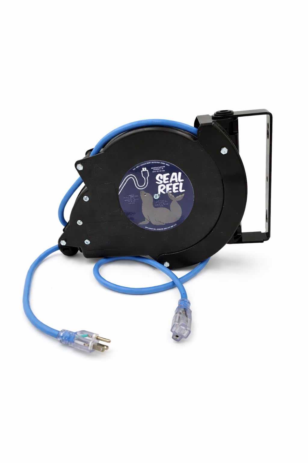 SEAL REEL Reversed Plugs male end retracts Male to Female Watertight Outdoor Retractable Extension Cord Reel – 20ft 12/3 SJEOOW Cable, 20A Breaker, 180° Swivel Mount, Retractable to 10°F.