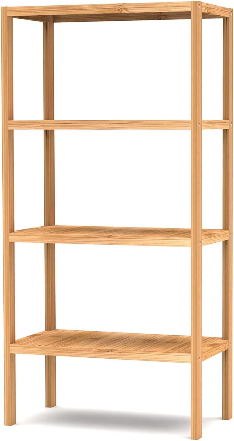 FoverOne 4 Tier Shelving Unit, Bamboo Book Shelf Bookcase Storage Shelf for Bathroom Kitchen Living Room