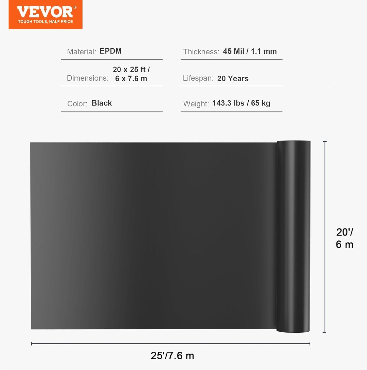 VEVOR 20 x 25 ft Pond Liner, 45 Mil Thickness, Pliable & Durable EPDM Material, Easy Cutting Underlayment for Fish or Koi,Waterfall, Fountains, Water Gardens, Black