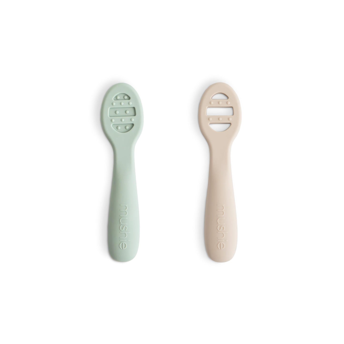 mushie Silicone First Feeding Baby Spoons | 2 Pack (Cambridge Blue/Shifting Sand)