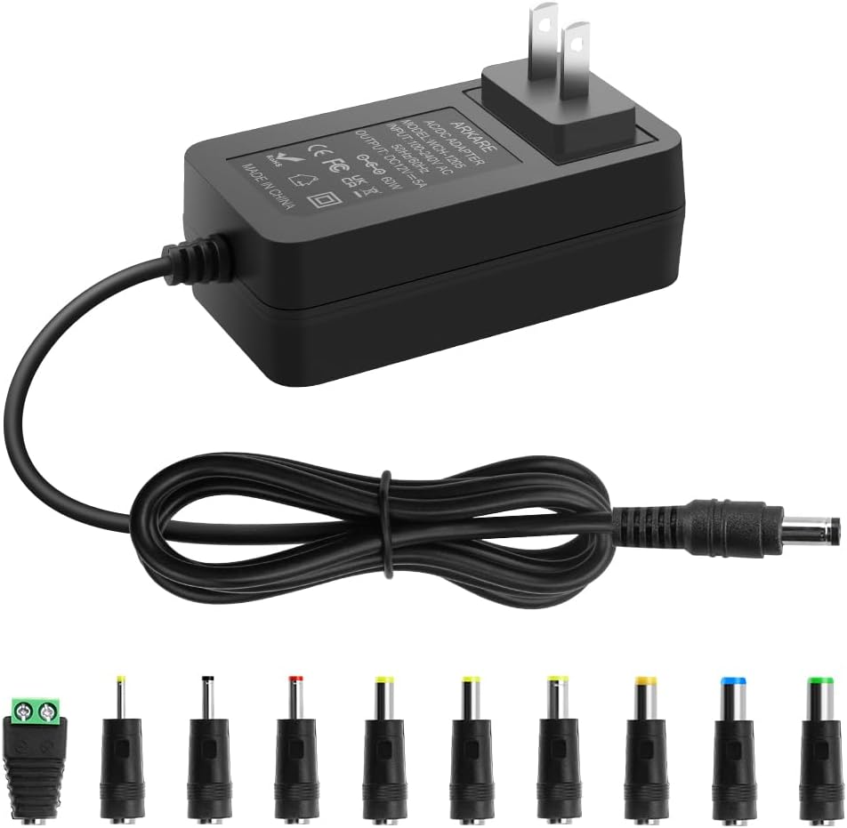Arkare 12V 5A 60W 100-240V 12V 5Amp 4A 3A 2A 1A 5.5x2.5mm 3D 10TIPS 4.9FT Power Supply Adapter AC to DC Power Cord