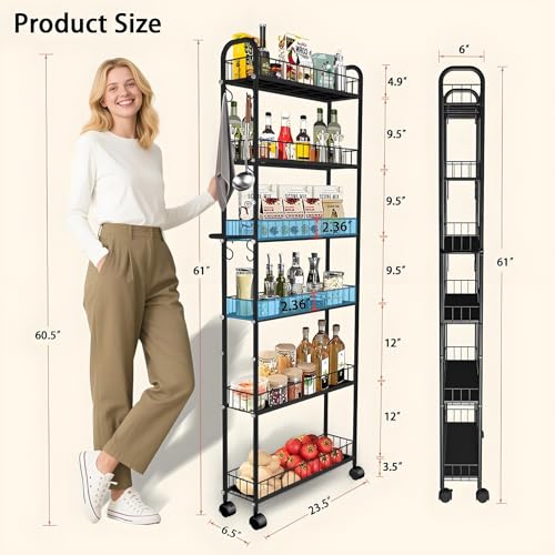 Seadasyoon 6in 6 Tier Slim Storage Cart with Wheels, Black Narrow Space Rolling Shelving Unit with Handle, Metal Wire Mobile Organizer Rack for Kitchen Bathroom Office Laundry