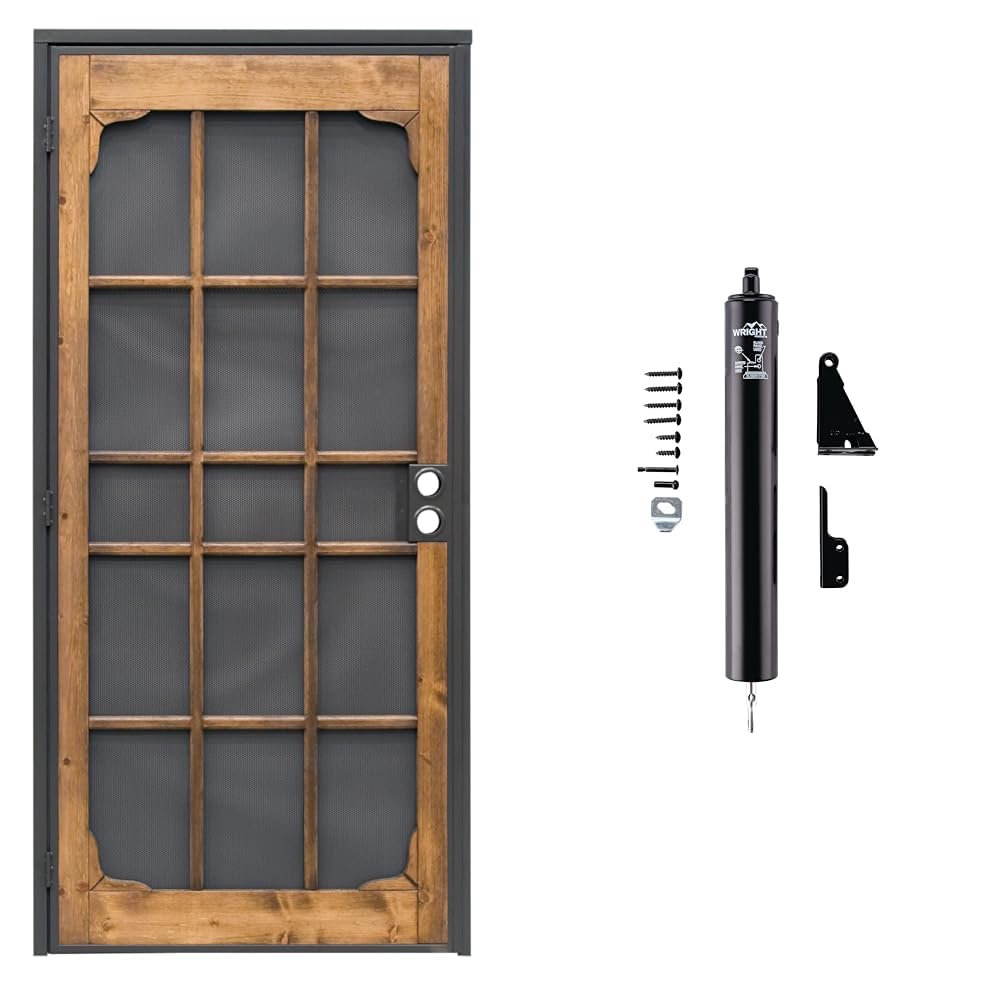 Prime-Line 3809BZ3068-I-WF Woodguard Steel Security Door – Traditional Screen Door Style & Wright Products V150BL Heavy Duty Pneumatic Screen and Storm Door Closer, Black