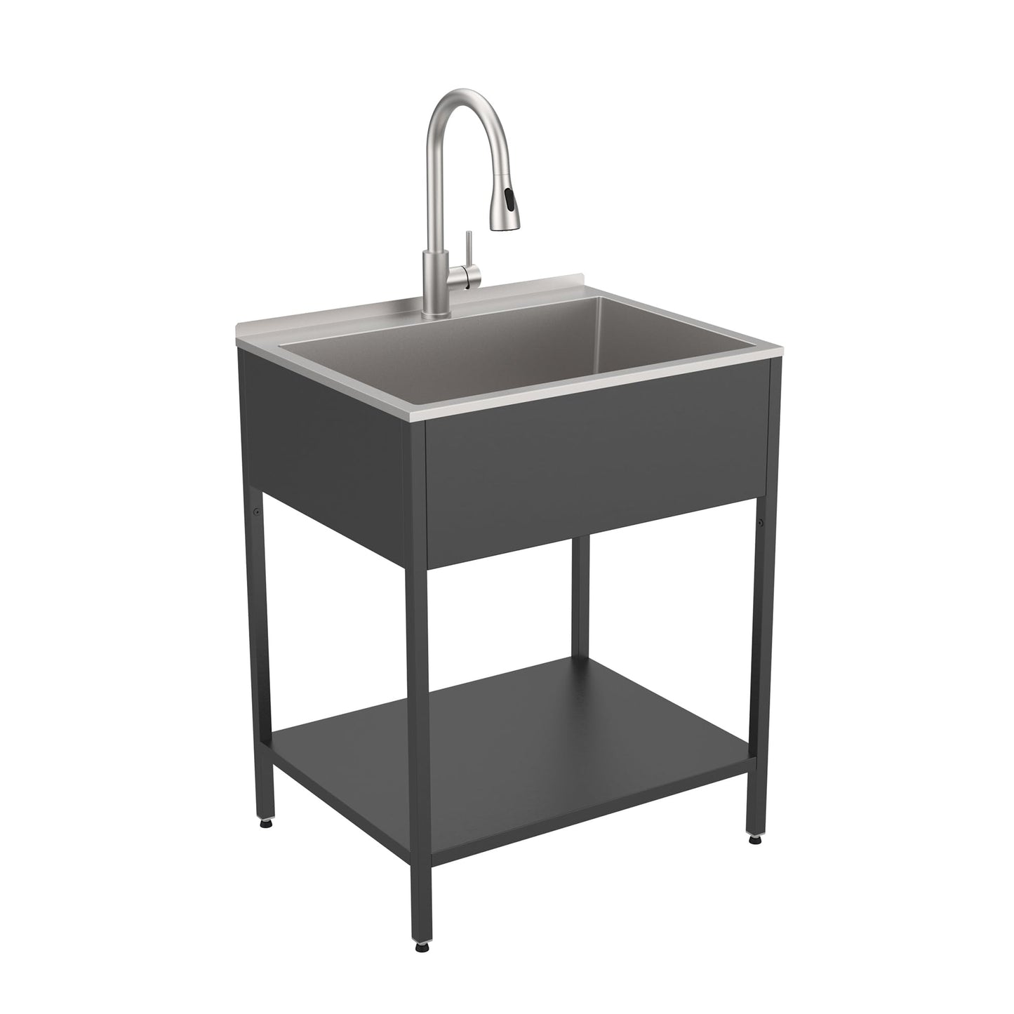 Transolid Freestanding Laundry Utility Sink with Washstand and Pull-Down Faucet, Heavy-Duty 18-Gauge Stainless, 28-Inch 18-Gallon Deep Basin, Matte Black (EWS-2822S-MB)