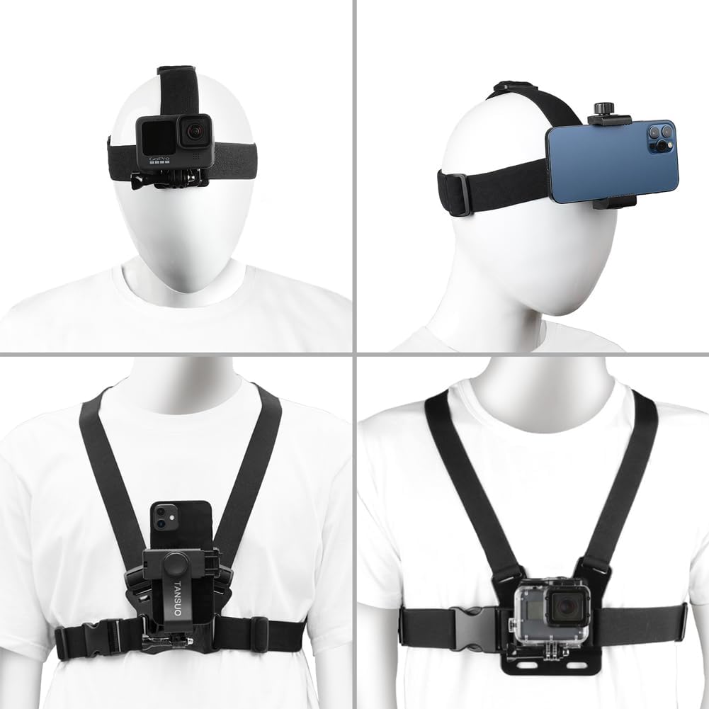 TANSUO Chest Mount Strap Harness Head Strap, Quick Release Chesty Body Mount with Phone Clip, Head Strap+Chest Strap