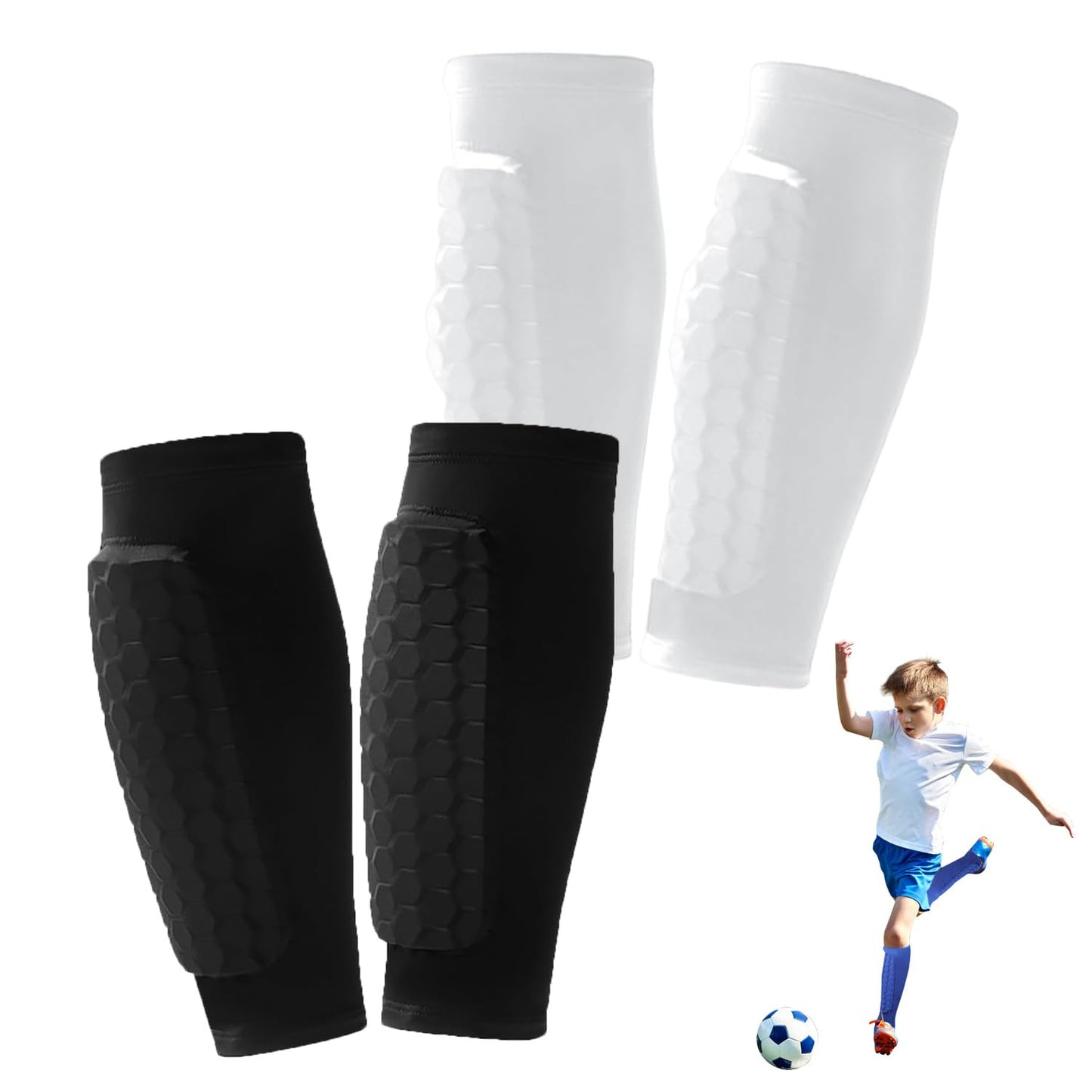 2 Pairs Soccer Shin Guards for Kids Youth Adult,Shin Guards Soccer Calf Compression Sleeve with Honeycomb Pads,Lightweight Shin Protector Support for Baseball MTB Football–Boys Girls Protective Gear