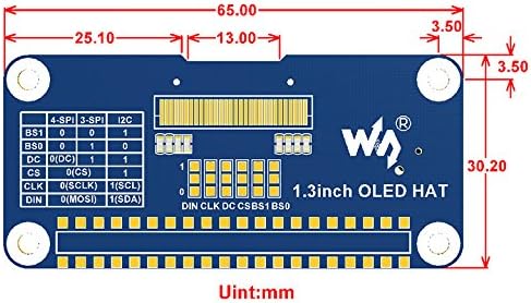 1.3 Inch 5/4/3/Zero, 128x64 SPI/I2C SH1106 OLED Display HAT for Raspberry Pi Blue Screen Module, Interface, Driver