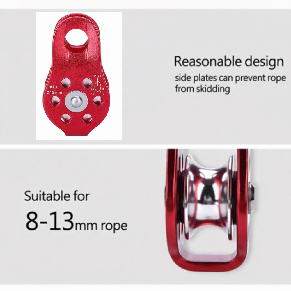 Chiffonade 2 Pcs 20KN Heavy-Duty Aluminum Alloy Pulley - Fixed Side Rope Pulley for Climbing, Rappelling & Outdoor Activities (Red)