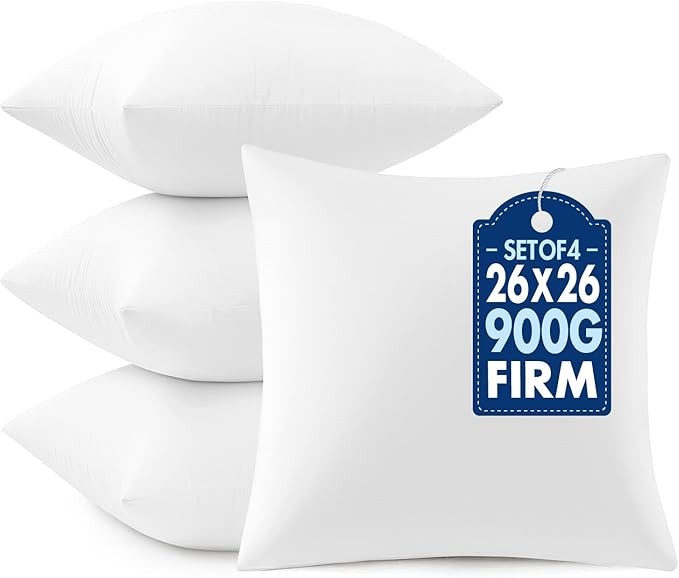 MIULEE Throw Pillows Inserts, Pack of 4 26x26 Inch 100% Virgin Fiber Filling Bed Couch Pillows