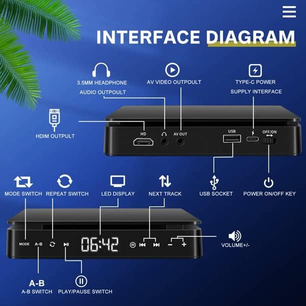 tengertang Region-Wide Free DVD Player Portable CD Player with HDMI and AV Output Ports Multifunctional DVD Player USB