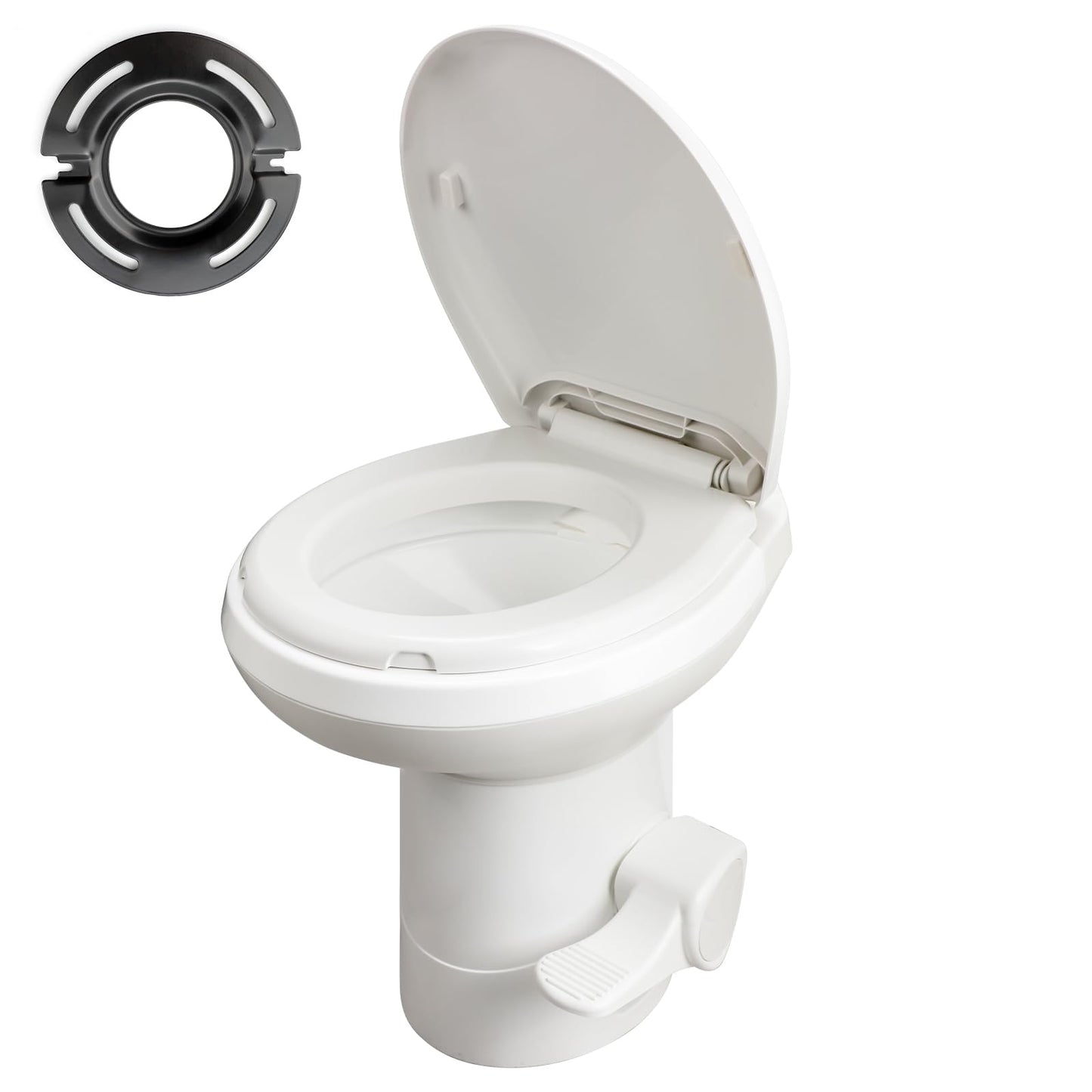 Gravity Flush RV Toilet, White, ABS Plastic with Foot Pedal Flush Mechanism, Standard Height, RV-Specific Model