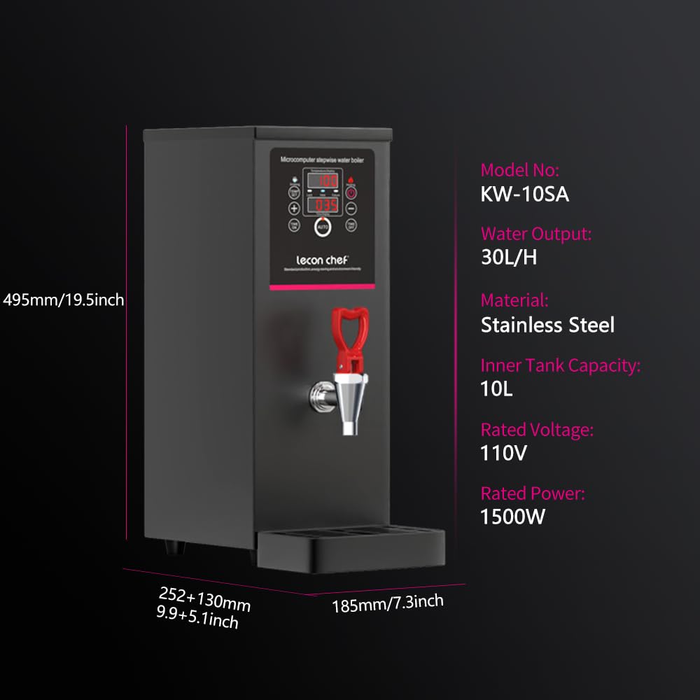 Lecon Chef Water Boiler Eletric Commercial Hot Water Dispenser Countertop 10L Black Automatic 1500W Fast Heating for Restaurant, Home, Office (Without Filter)