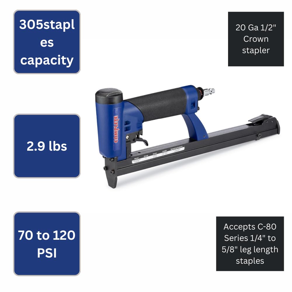 Complete C-8016LMA ProGrade Automatic Stapler with Long Magazine 1/2-Inch Crown for 80 Series fine Wire Staples, 1/4" to 5/8" Staple Range, Ideal for Upholstery, Furniture Assembly, Cabinets
