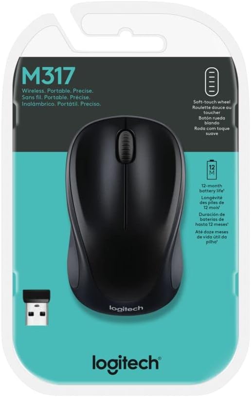 Logitech M317 2.4 1000 12 Wireless Mouse, GHz with USB Receiver, DPI Optical Tracking, Month Battery, Compatible