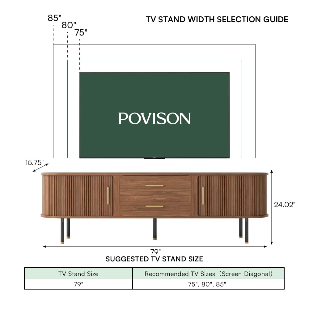 POVISON 78.74" Sliding Tambour Door TV Stand, Fully Assembled Mid Century Modern TV Console, Wood Media Console with Tall-Cast Metal Legs, Entertainment Center with Storage Cabinet for Living Room