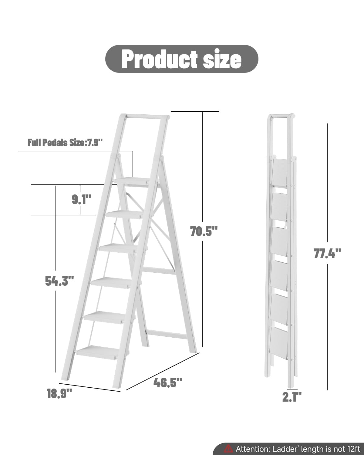 SOLADDER 6 Step Ladder, Folding Step Stool with Handgrip and Anti-Slip Wide Pedal, Portable Lightweight Aluminum Stepladder for Kitchen, Home, Library, Office (300 lbs Capacity) - White
