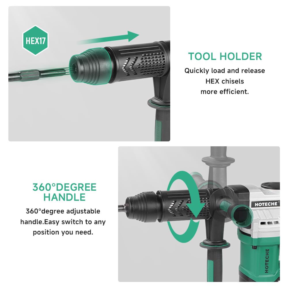 Hoteche 1050W Demolition Hammer, 15J Impact Force Jack Hammer with 4000/min Impact Frequency, Green, Color Box + Plastic Case Packaging