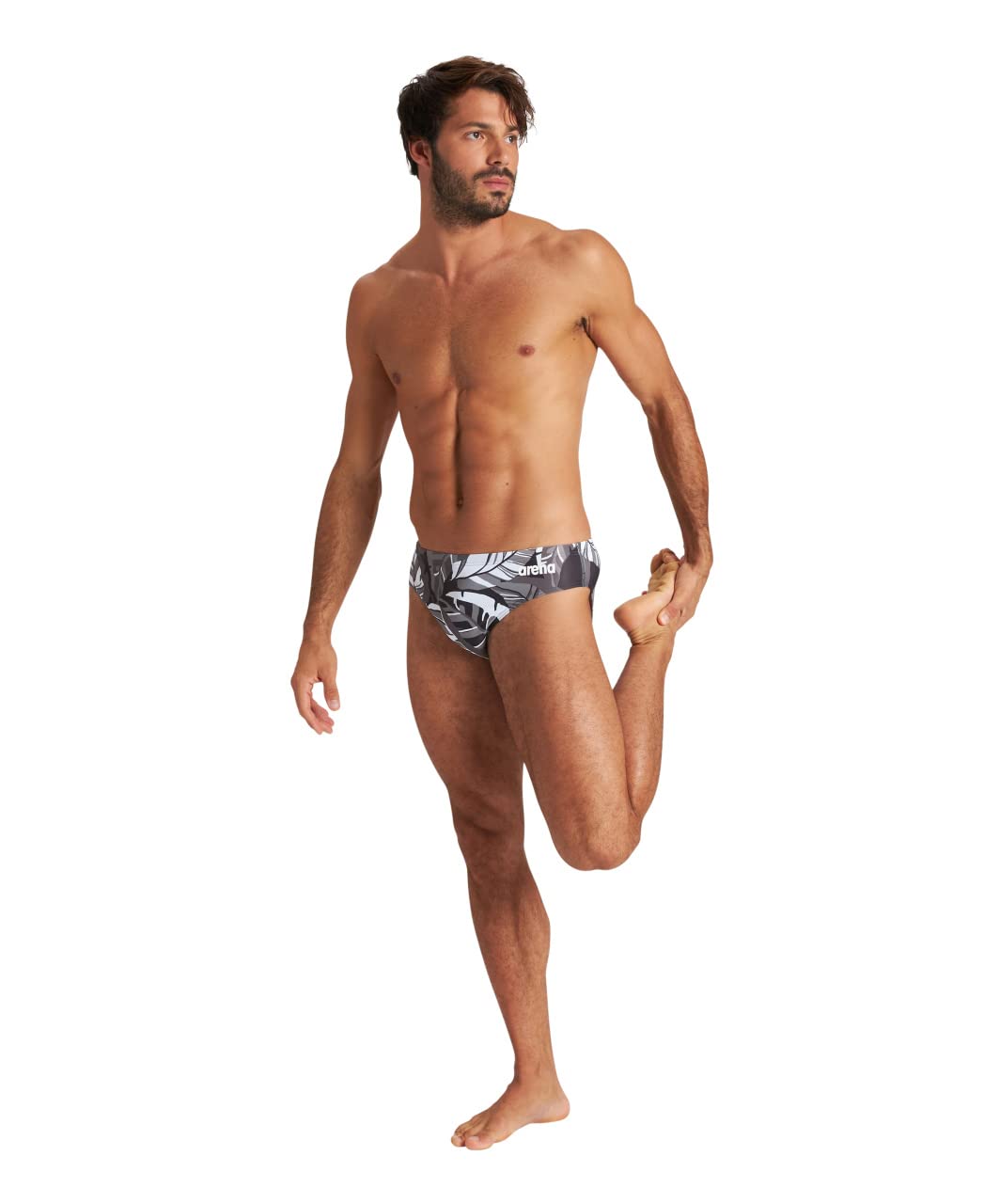 ARENA Men’s Tropical Swim Brief Chlorine Resistant Quick Dry Training & Racing Suit for Competitive Swimmers, Black-Black Multi, Size 22