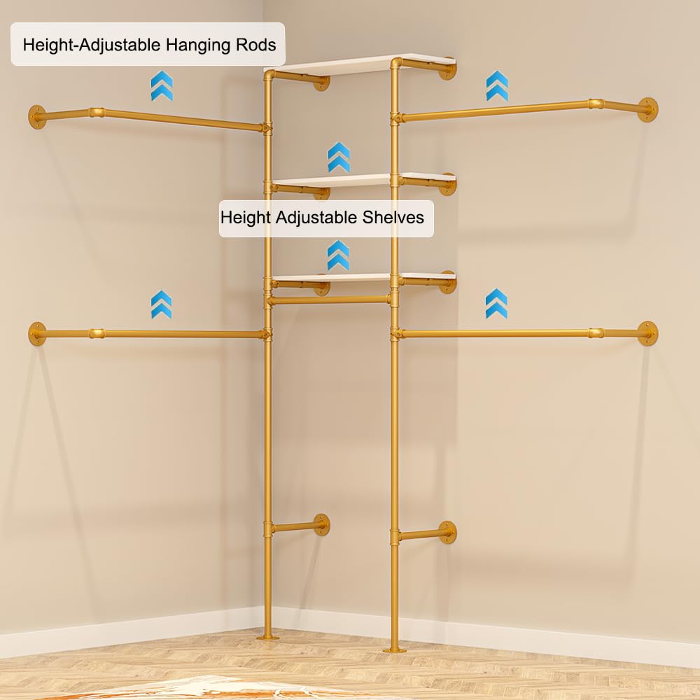 KaKaBB Heavy Duty Gold Pipe Clothing Rack - Wall Mounted Industrial Clothes Rack, DIY Corner Closet System with Shelves, Adjustable Walk-in Closet Organizer (GOLD, 94.5")