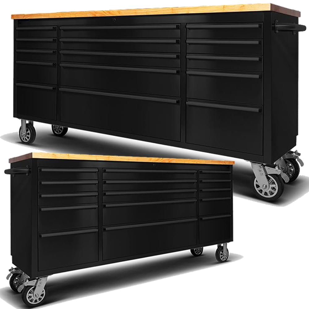 2 Pack - 72" Stainless Steel Rolling Tool Chest with 15 Drawers, Lockable Storage Cabinet, Black Mobile Workbench, Assembled Black Large Tool Box with Wheels for Garage Workshop (2 × HTC7215PC-1)