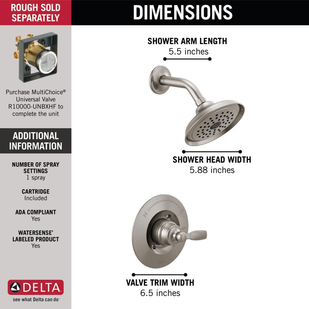 Delta Woodhurst 14 Series Shower Faucet Set, Brushed Nickel Shower Head and Handle Set, Valve Trim Kit, Stainless T14232-SS (Valve Not Included)