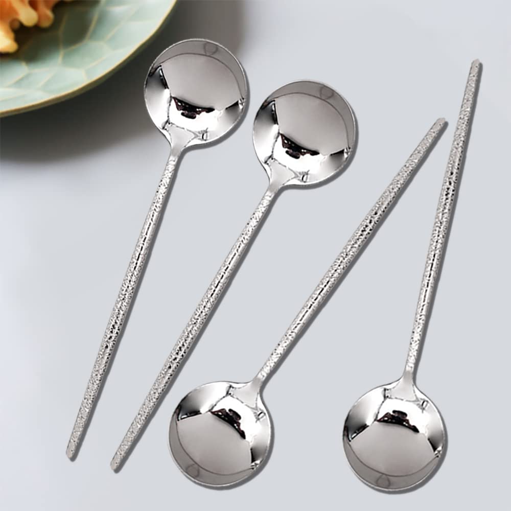 Stainless Steel Hammered Soup Spoon, Korean Long Round Handle Spoon, 4 Pieces of Steel Hammered Spoons, 8 Inches.