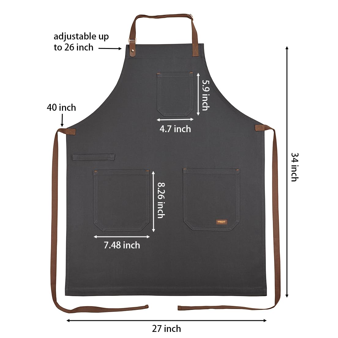 DingSay Trendy Professional Chef Apron for Men Women with Pockets, Bib Apron for Cooking Kitchen Grill BBQ, with Towel Loop and Adjustable Neck Strap (Dark Grey)