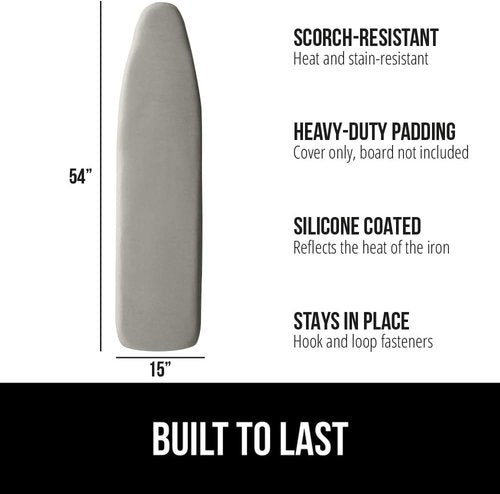 GORILLA GRIP The Original Ironing Board Cover and Pad, Silicone Coating, 400°F Scorch Resistant Thick Padding, Heavy Duty Iron Covers Standard Boards, Hook and Loop Fastener Strap, Silver 15x54