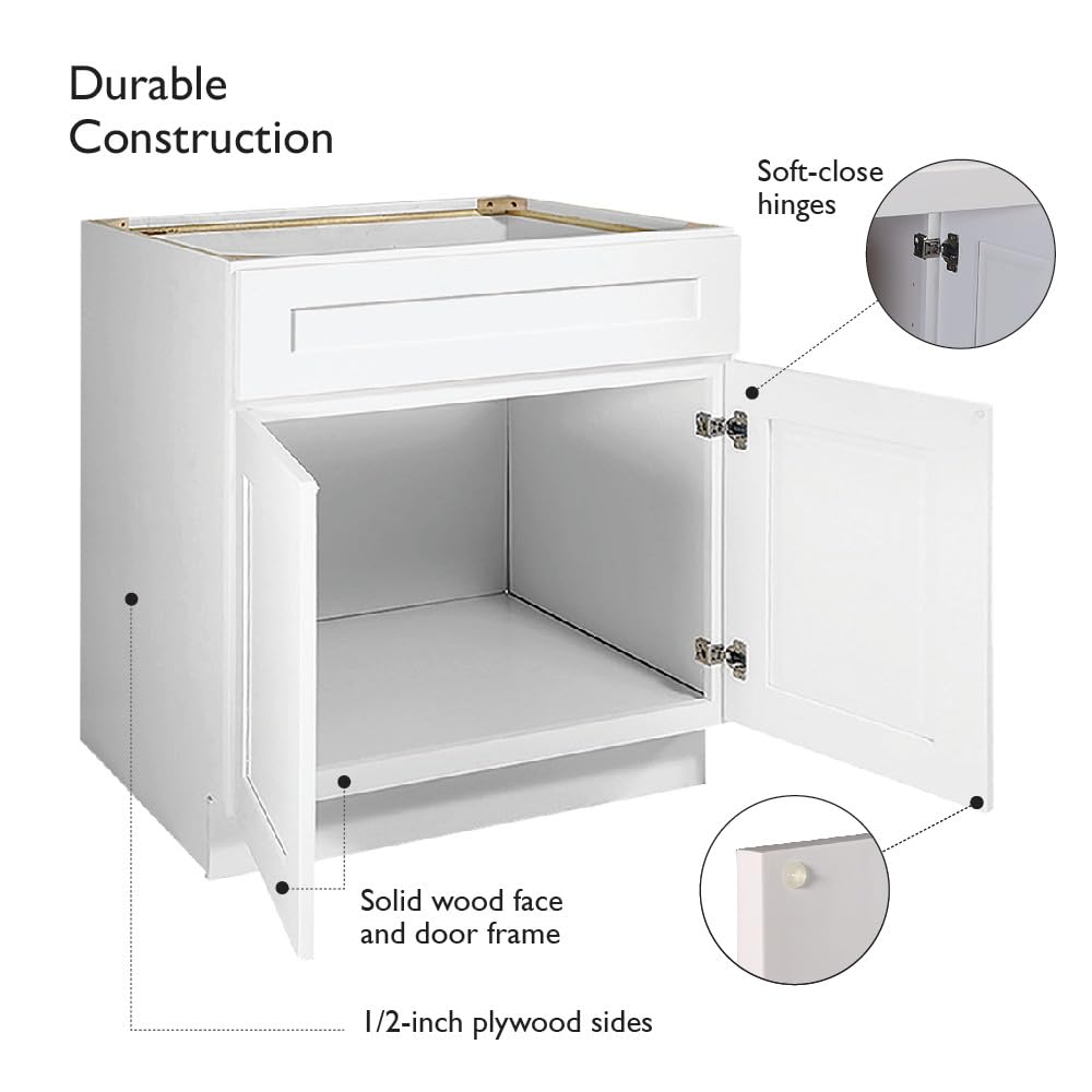 Design House Brookings Shaker Unassembled Sink Base Kitchen Cabinet SB36, 36 W x 24 D x 34.5 H, Painted White, Solid Wood, Design House, 561498