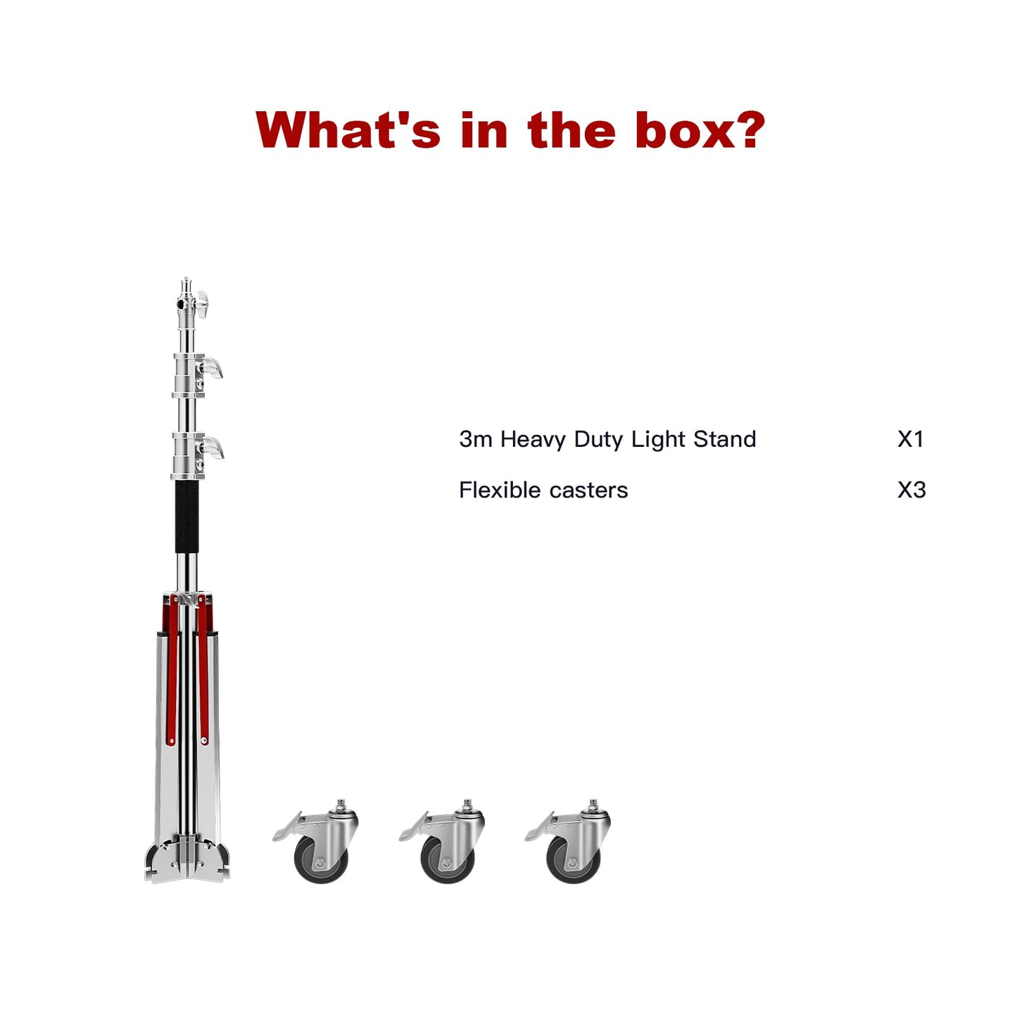 Heavy Duty Light Stand with Casters, 10ft/305CM 100% Stainless Steel 30kg/66lb Load Bearing Adjustable Photography Light Stand with Wheels for Photography Studio Softbox, Monolight
